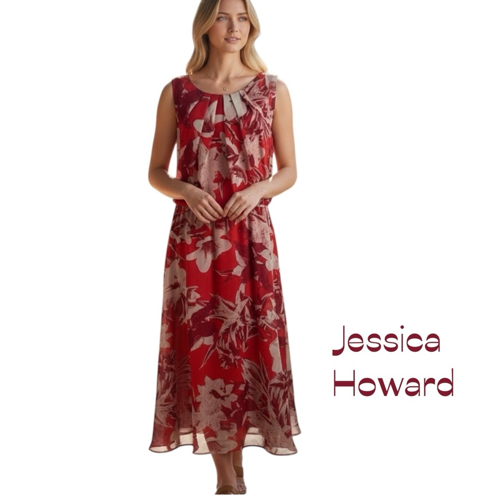 Jessica Howard Red White Floral Sleeveless Midi Dress NWOT Size 16